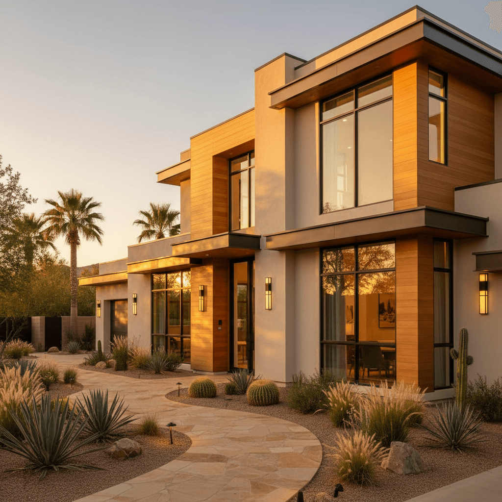 Luxury residential home in Las Vegas with modern architecture and evening lighting