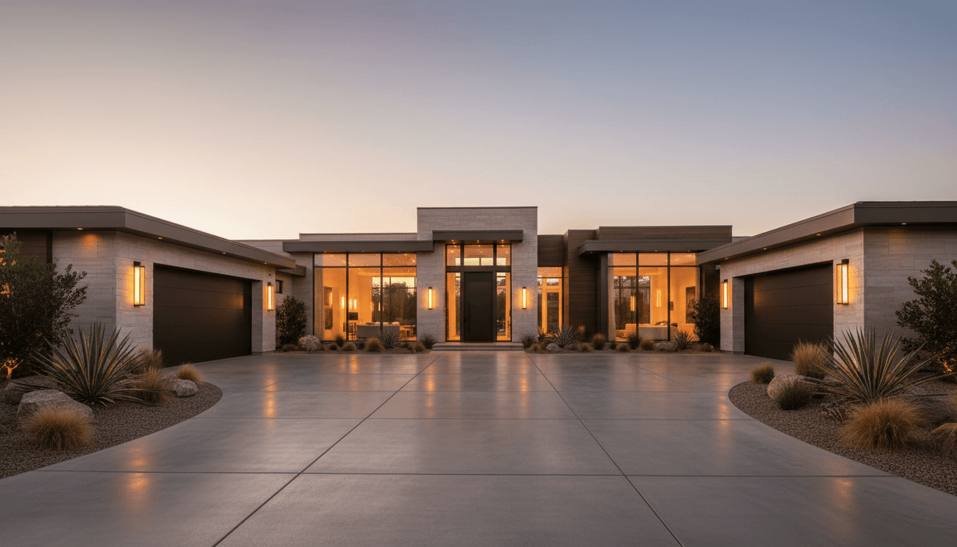 Modern luxury Las Vegas home with warm interior lighting and sophisticated architectural design