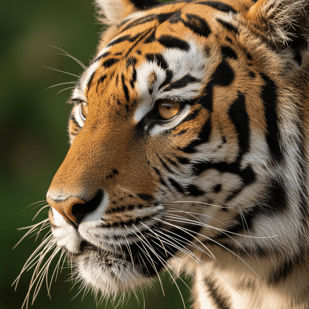 Close-up of Bengal tiger's face showing detailed stripe patterns, eye, and whisker texture
