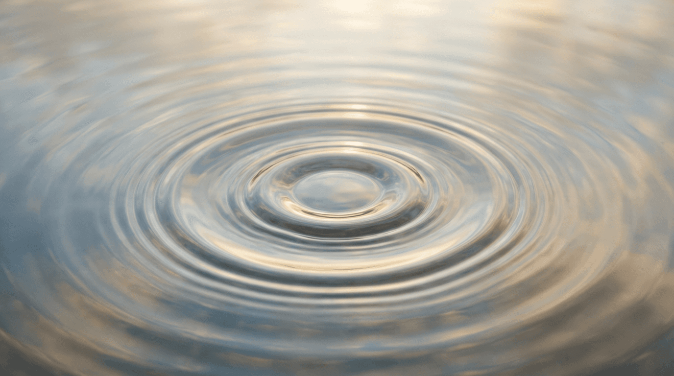Concentric water ripples expanding outward from center with golden sunlight and gentle shimmer, symbolizing network growth and community connection.